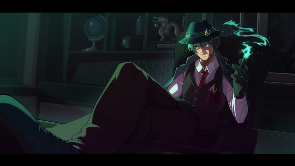 Digital art of a mafia-like man lounging in an office with his legs on the desk. He's wearing a suit vest, fedora, gloves, and a red tie. Green smoke curls from a glowing cigar in his hand. The lighting is dramatic, casting shadows across his smirking face and revealing a dragon tattoo on his neck. A dragon statue, books, and a globe sit behind him. The color palette leans into green and cyan tones. Menacing yet stylish. Created for Art Fight 2025. #artfight #artfight2025 #digitalart #drawing