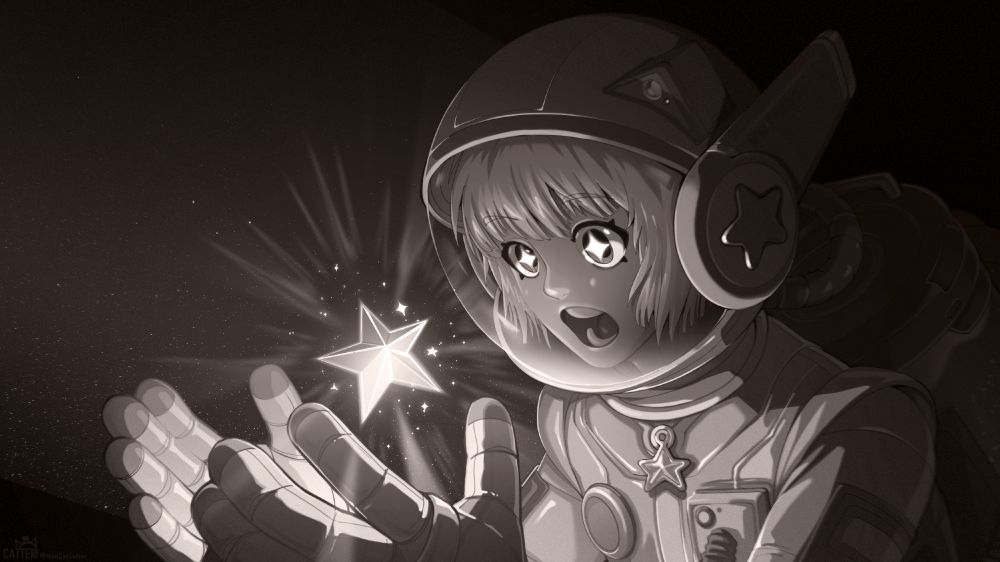 Grayscale Digital art drawing of a girl astronaut in a spacesuit, with stars in her eyes, looking in awe at a glowing star floating in front of her. The background is deep space, filled with subtle stars. The scene is shining and vibrant, part of an Art Fight collab event 2025. The star illuminates her face and gloves.