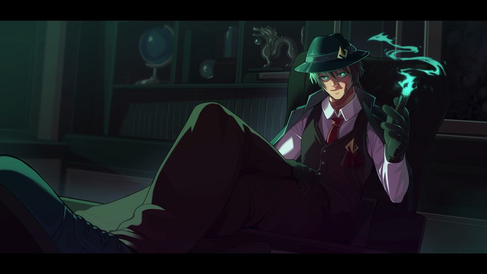 
Digital art of a mafia-like man lounging in an office with his legs on the desk. He's wearing a suit vest, fedora, gloves, and a red tie. Green smoke curls from a glowing cigar in his hand. The lighting is dramatic, casting shadows across his smirking face and revealing a dragon tattoo on his neck. A dragon statue, books, and a globe sit behind him. The color palette leans into green and cyan tones. Menacing yet stylish. Created for Art Fight 2025. #artfight #artfight2025 #digitalart #drawing