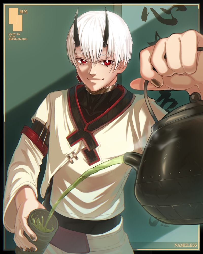 Digital art of Nameless, a young boy with white hair, black horns, and red eyes, wearing a white robe with red trim. He smirks while pouring steaming green tea from a black metal teapot held high above a Japanese-style teacup. The tea streams down in a dramatic arc. The scene has a Japanese style aesthetic and is part of an Art Fight 2025 drawing.