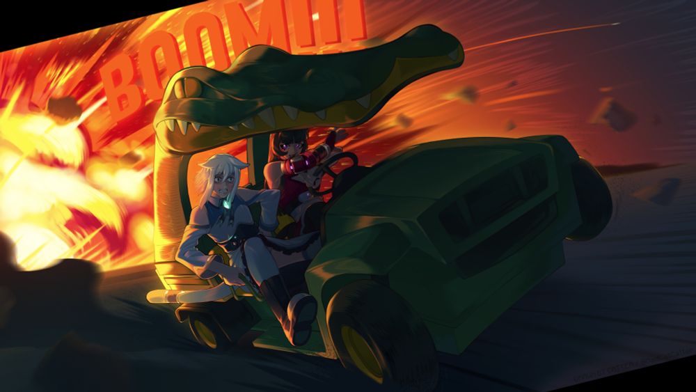 Digital art of two catgirls speeding away in a John Deere Gator XUV with a crocodile/alligator themed roof. A massive explosion goes off behind them with a bold red "BOOM!" in the background. One catgirl with white hair and a white dress looks scared in the passenger seat, while the other with black hair, red clothes, and a red prosthetic arm is driving. Rocks, dust, and debris fly through the air. Dynamic, action-packed drawing by Catter. Funny meme energy, vibrant and chaotic.