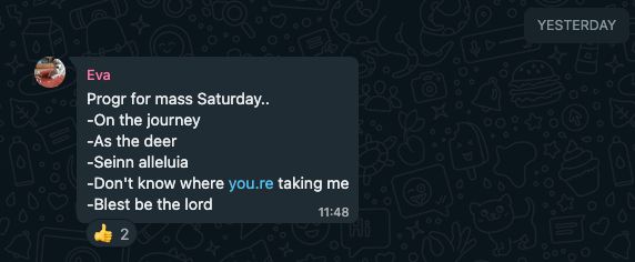 Screenshot of choir Whatsapp group where I get to see the program for tonight's Mass.