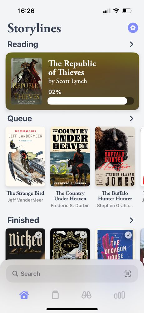 The homepage of the Storylines app, showing books in progress, queued, and finished. 