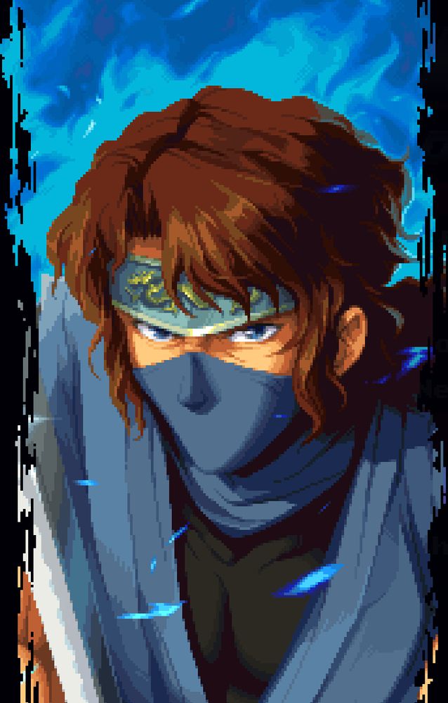 Portrait of Kenji from the title screen of the Ninja Gaiden: Ragebound demo. He's looking towards the viewer with a determined expression while surrounded by blue energy.