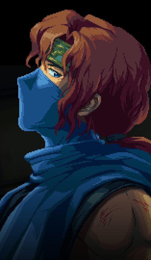 Side-portrait of Kenji during a cutscene in the Ninja Gaiden: Ragebound demo. He's looking off to his left, and he looks a bit scuffed from sparring.