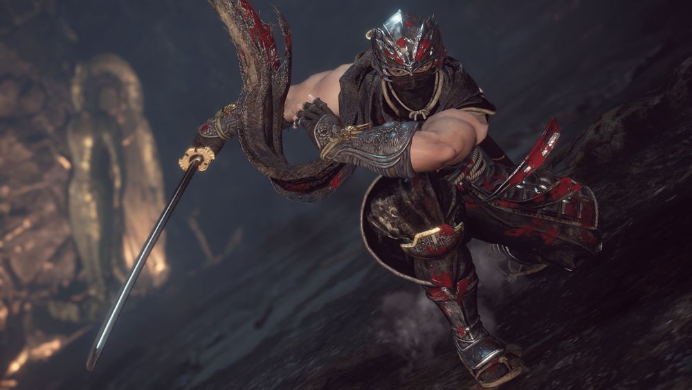 Screenshot of Ren Hayabusa taken in Nioh 2's photo mode. Ren is posing after he performs a Flying Swallow with the Dragon Sword, his right arm in the air as he looks behind himself. The background is out of focus, and Ren is covered in blood.