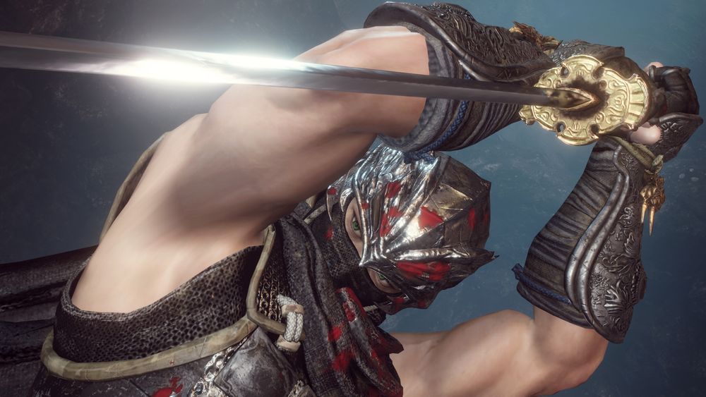 Close-up screenshot of Ren Hayabusa taken in Nioh 2's photo mode. Ren is holding up the Dragon Sword with both hands in preparation to stab downwards, the blade glinting with reflected light. The camera is angled harshly to the left. Ren is covered in blood.