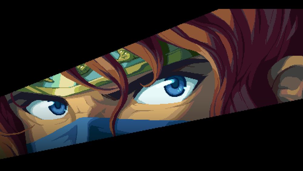 Cutaway of Kenji's eyes during a cutscene in the Ninja Gaiden: Ragebound demo. He's looking off to his left with a slightly distressed expression.