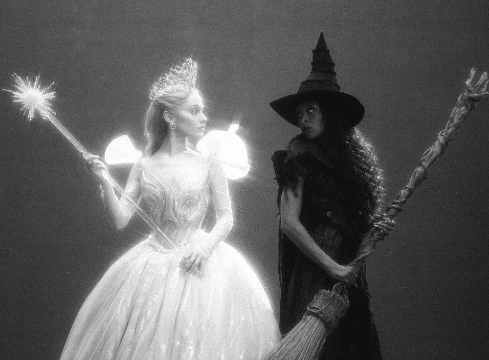 promotional picture of ariana and cynthia as glinda and elphaba in wicked: for good 