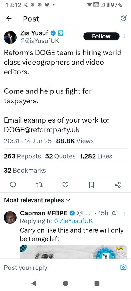 Head of Reform's ill fated DOGE project advertising for videographers