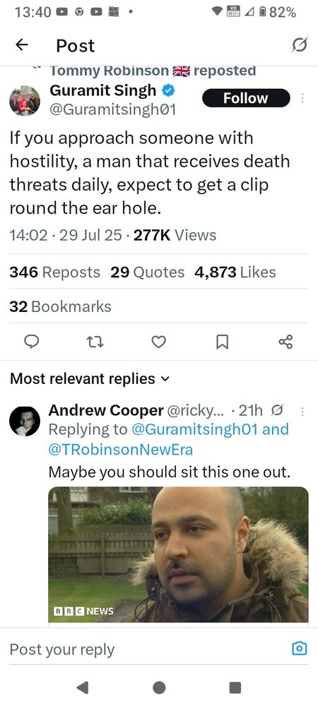 X post from a convicted criminal defending Tommy Robinson 