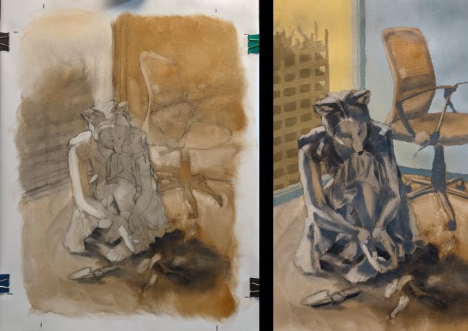 Work-in-progress shots of a painting showing a fox person tending a plant in a corporate conference room. The left shows a sketch with some brown added, the right adds more color and shadow.