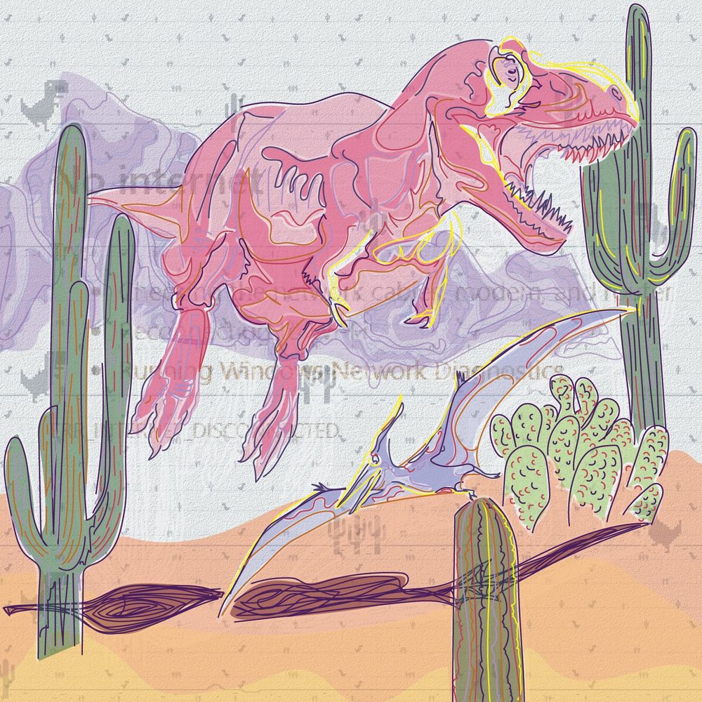 Tyrannosaurus Rex Jumping over a low flying Pterosaur in a cactus filled environment, the background composed of "no internet detected errors" and the chrome dino jump game screenshots