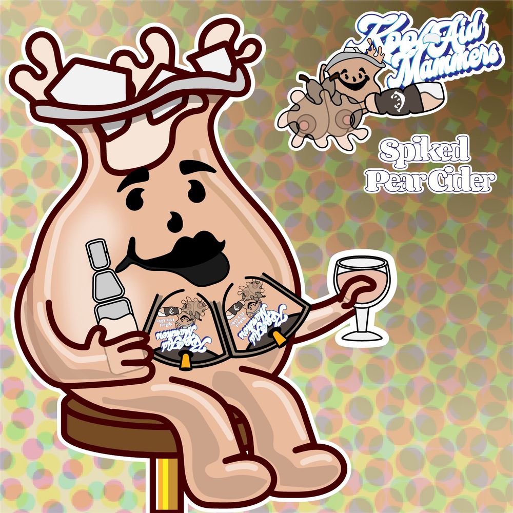 Ms.June Pear Cider sitting on a bar stool holding a Kool Aid Burst and a glass of pear cider in the other