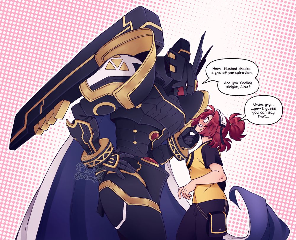 Alphamon holding Stella's (OC) chin and observing her. Her dialogue reads, "Hmm...flushed cheeks, signs of perspiration. Are you feeling alright, Aiba?" Stella is blushing and slightly sweating, clearly flustered at Alphamon's gesture and closeness to the human. Stella's dialogue reads, "U-um, y-y...ye--I guess you can say that..."