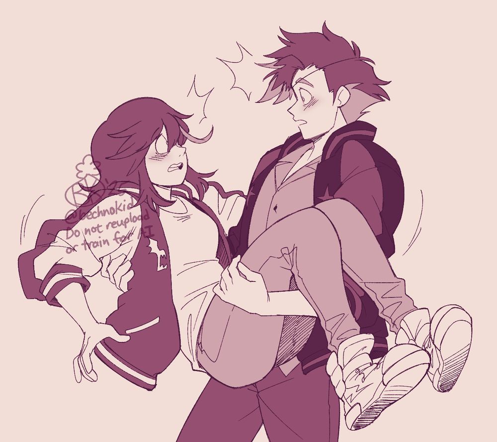 Ryuko and a human Senketsu from Kill la Kill. Both look surprised to be in a situation where Senketsu is carrying Ryuko bridal style.