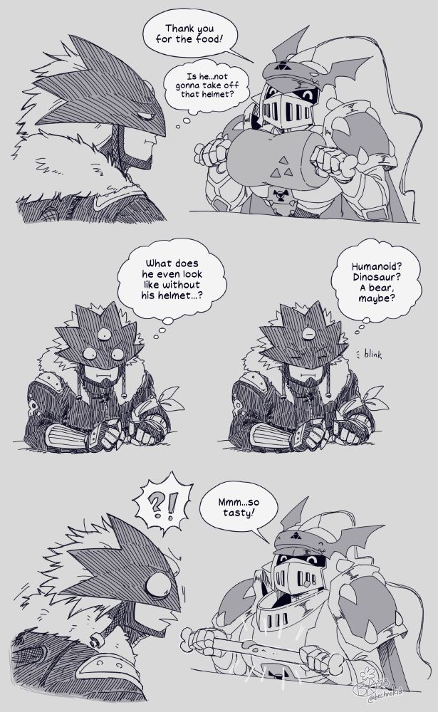 A comic strip of Beelzemon and Gallantmon from the Digimon franchise. The first panel depicts Gallantmon about to partake in a large piece of meat while saying, "Thank you for the food!" Beelzemon looks over, thinking, "Is he...not gonna take off that helmet?"

The next few panels has Beelzemon thinking, "What does he look like without his helmet...? Humanoid? Dinosaur? A bear, maybe". Beelzemon blinks for one second and then...

The last panel has Gallantmon having almost completely finished eating the piece of meat, leaving behind only a scrap of meat on a bare bone. Beelzemon is shocked at the sight, having clearly missed his chance of seeing Gallantmon without his helmet.