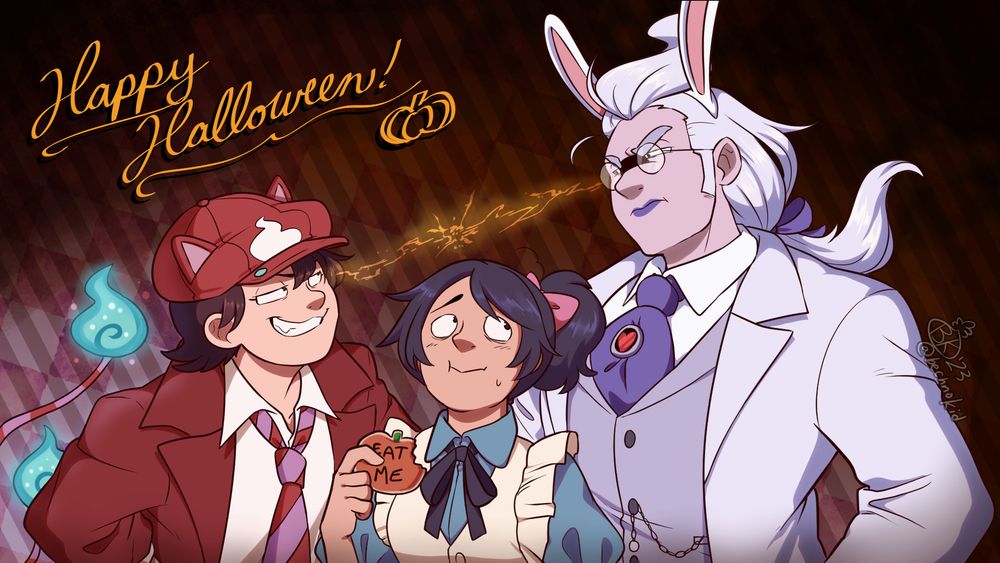 An image of Jibansam as the Cheshire Cat (left), Kaybee as Alice (middle), and Whisper as the White Rabbit (left) in the setting of "Alice in Wonderland".

Both Jibansam and Whisper are glaring in each other while Kaybee is nervously eating a pumpkin-shaped cookie that reads, "Eat Me". The cursive text above them reads, "Happy Halloween!"