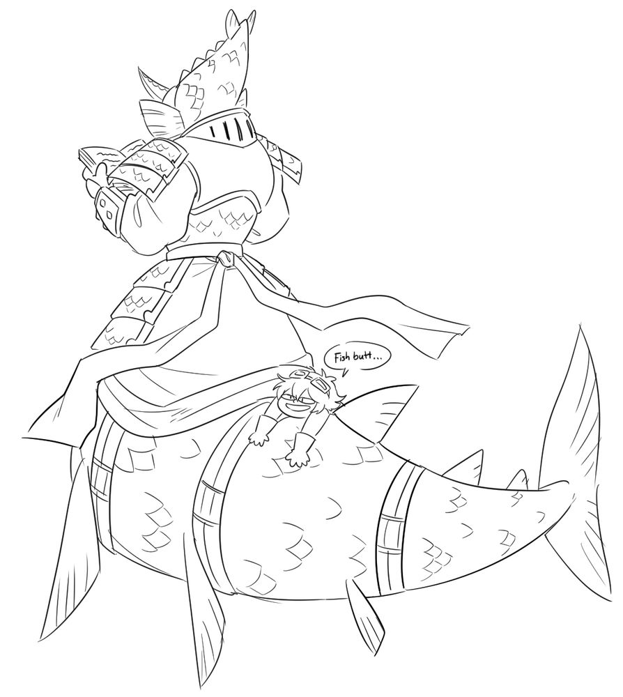 The agent from Digimon Story Time Stranger flopping herself onto Neptunemon, who is facing away from the camera and reading a book. The agent is saying, "Fish butt..."