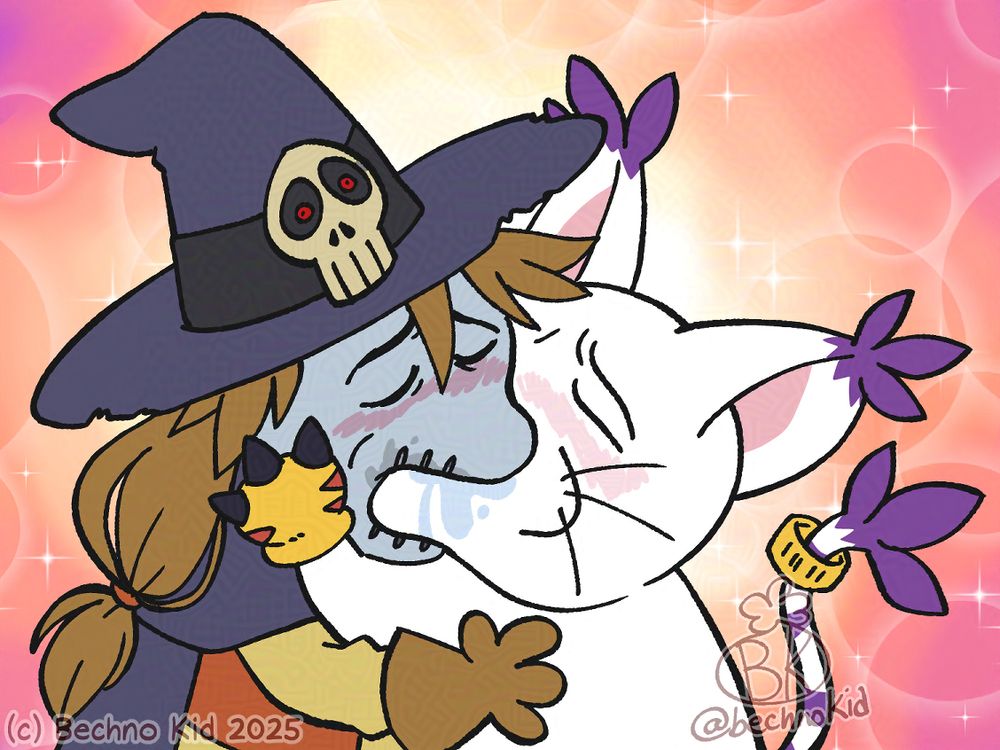 A silly drawing of Wizardmon and Gatomon/Tailmon from the Digimon franchise in a very passionate and sloppy kiss.