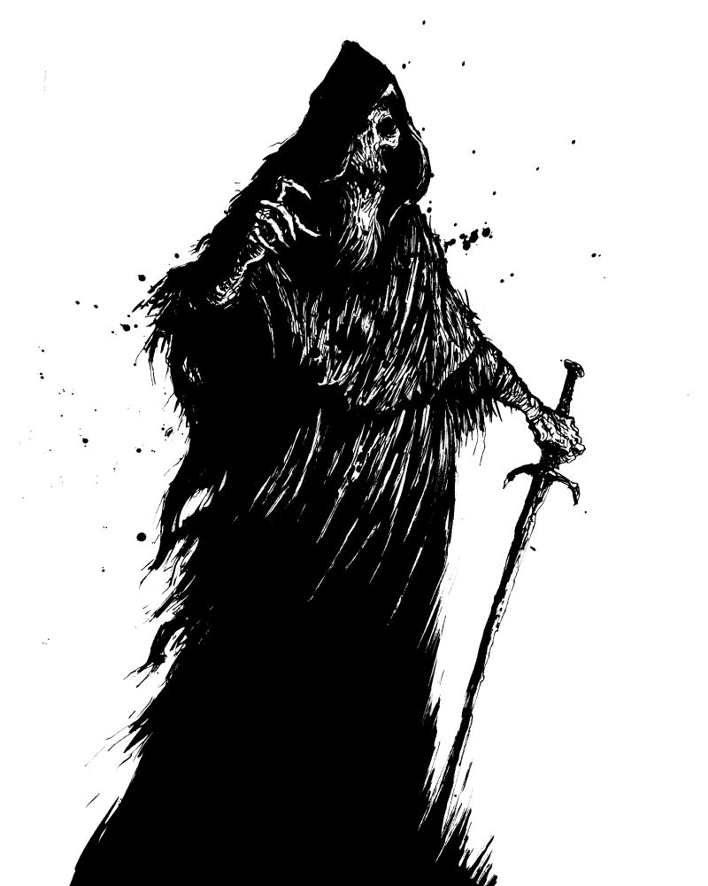 black and white illustration of a dead knight in a ragged robe