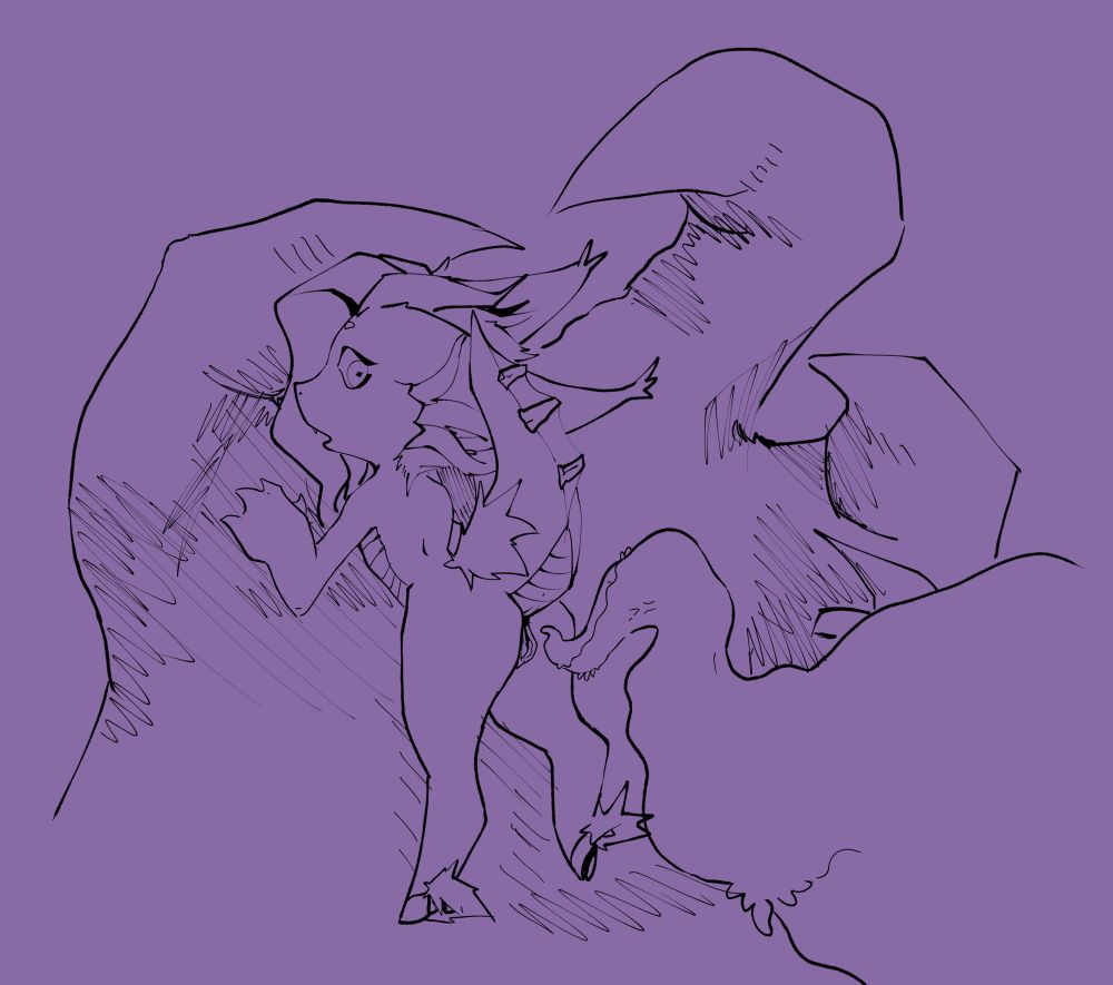 Digital Sketch of a small dragon character laying on her stomach in the palm of a much larger offscreen dragon’s hand. She is looking behind her as a lobby shaped tentacle approaches from below the perspective.