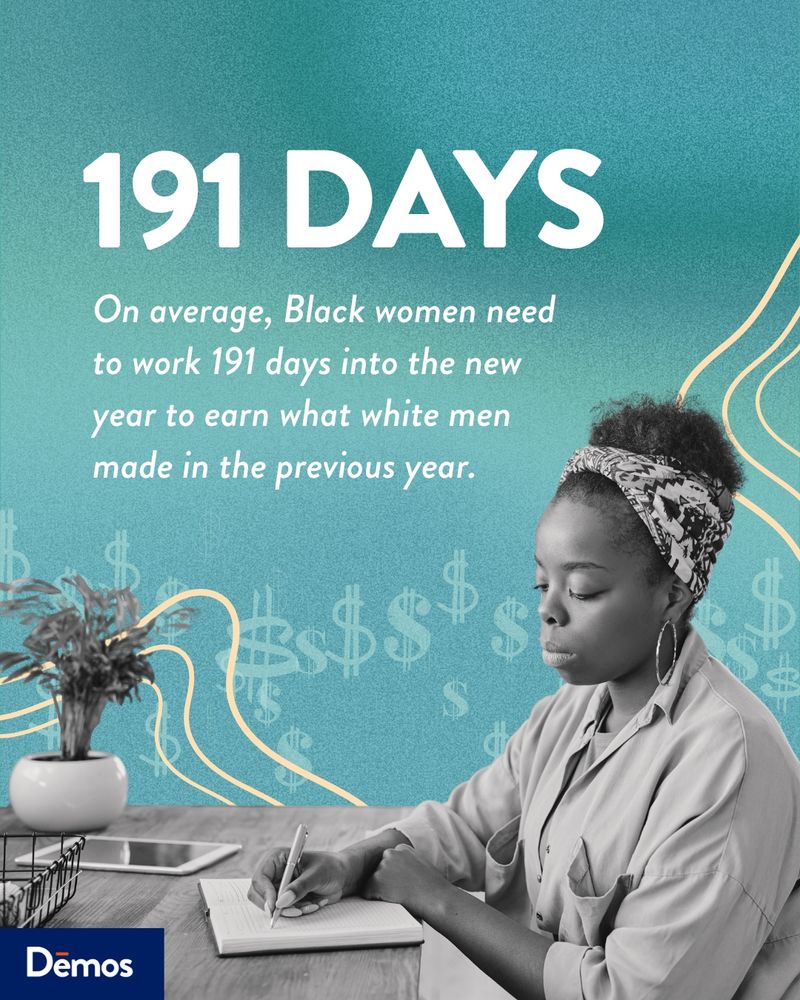The text says "191 Days. On average, Black women need to work 191 days into the new year to earn what white men made in the previous year." The image is of someone writing in a journal with dollar signs on a background behind them. 