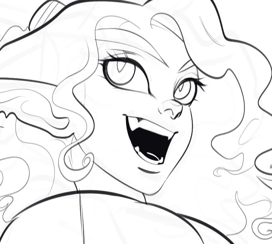 uncolored lineart of a grinning night elf with large fangs and catlike pupils