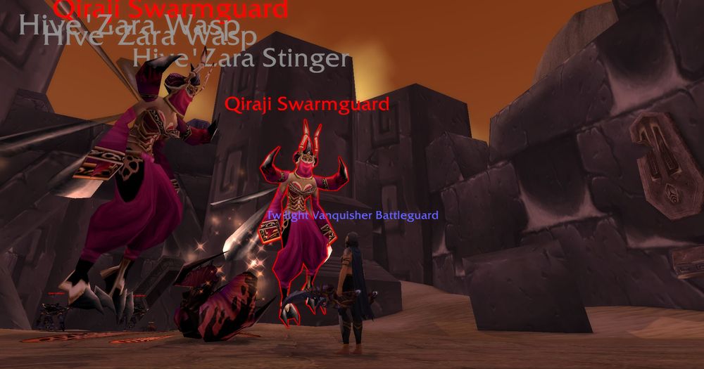 my qiraji battleguard oc looking up at two of her sisters