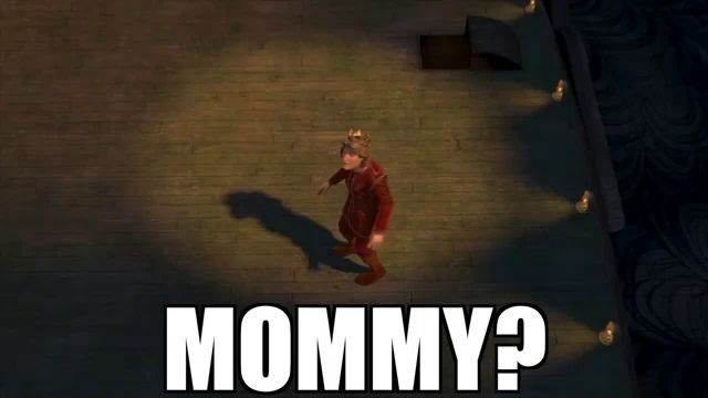 a cartoon character is standing on a wooden floor with the words " mommy " written below him