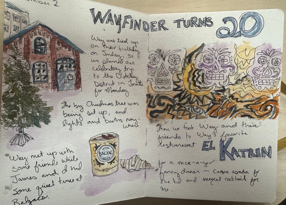 A sketchbook spread of pen drawings with watercolour washes. There’s a brick building a Christmas tree, a cup of coffee and croissant and a mural from the wall of a Mexican restaurant. The text reads where was tied up on their birthday on Sunday so we planned a celebratory trip to the distillery district in Toronto for Monday. The big Christmas tree was being set up lights and booths were everywhere. We met up with some friends while James and I had some quiet time at Balzac’s, then we took away and their friends to Waze his favourite restaurant El Katrine for once a year fancy dinner.