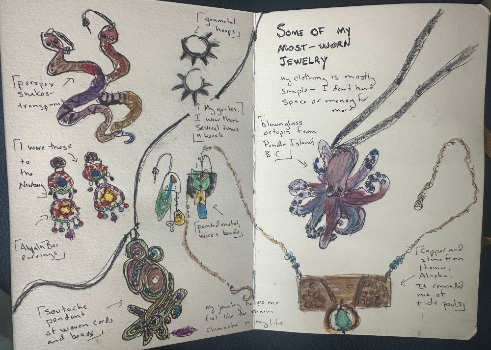 A spread of a sketchbook featuring ink drawings with watercolour details. There are four pairs of earrings and three necklaces. The earrings include some gun metal hoops with spikes, and some Perspex snakes.  The necklaces include a blown glass octopus.