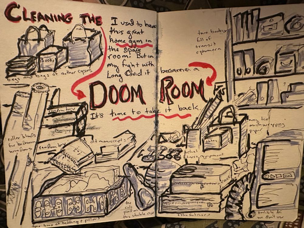 This page of my sketchbook diary is a rough sketch of bags and boxes and ukeleke cases and laundry bins of spare bedding.  The text reads: “cleaning the doom room. I used to have this great home gym in the spare room, but in my fight with Long Covid, it became a doom room. It’s time to take it back