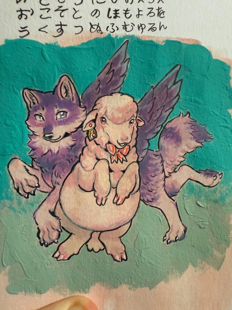 An acrylic painting of a winged wolf swooping in close to a cute sheep in a bow.