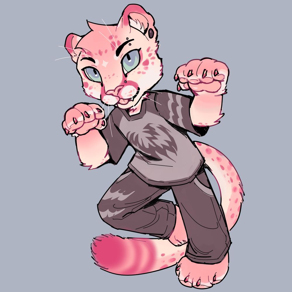 A pink anthro cheetah holding his hands up in a "nya" position.