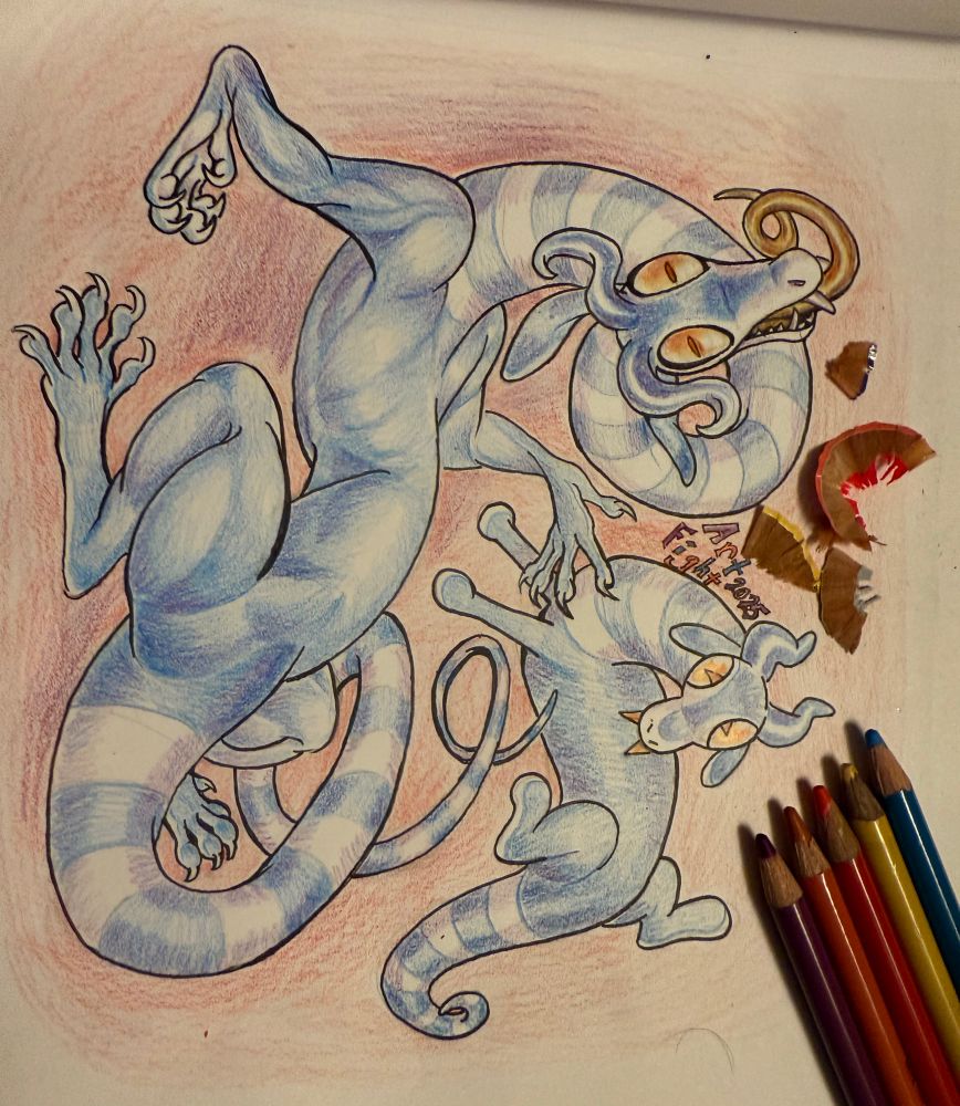 A pen and pencil drawing of a crazy curling noodle dragon and an accompanying chibi of the same chara.