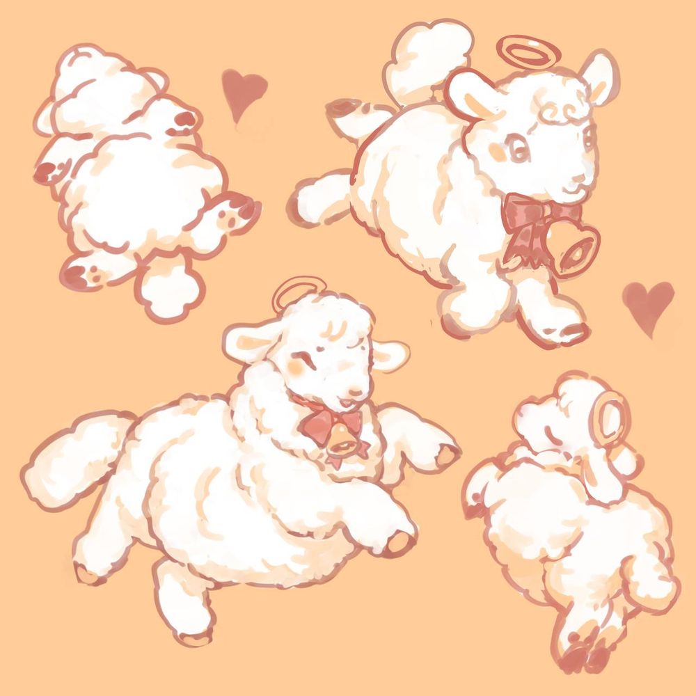 A pose sheet for a sheep with exaggerated round cutesy features. The sheep is jumping around with a ribbon bell collar and a halo.