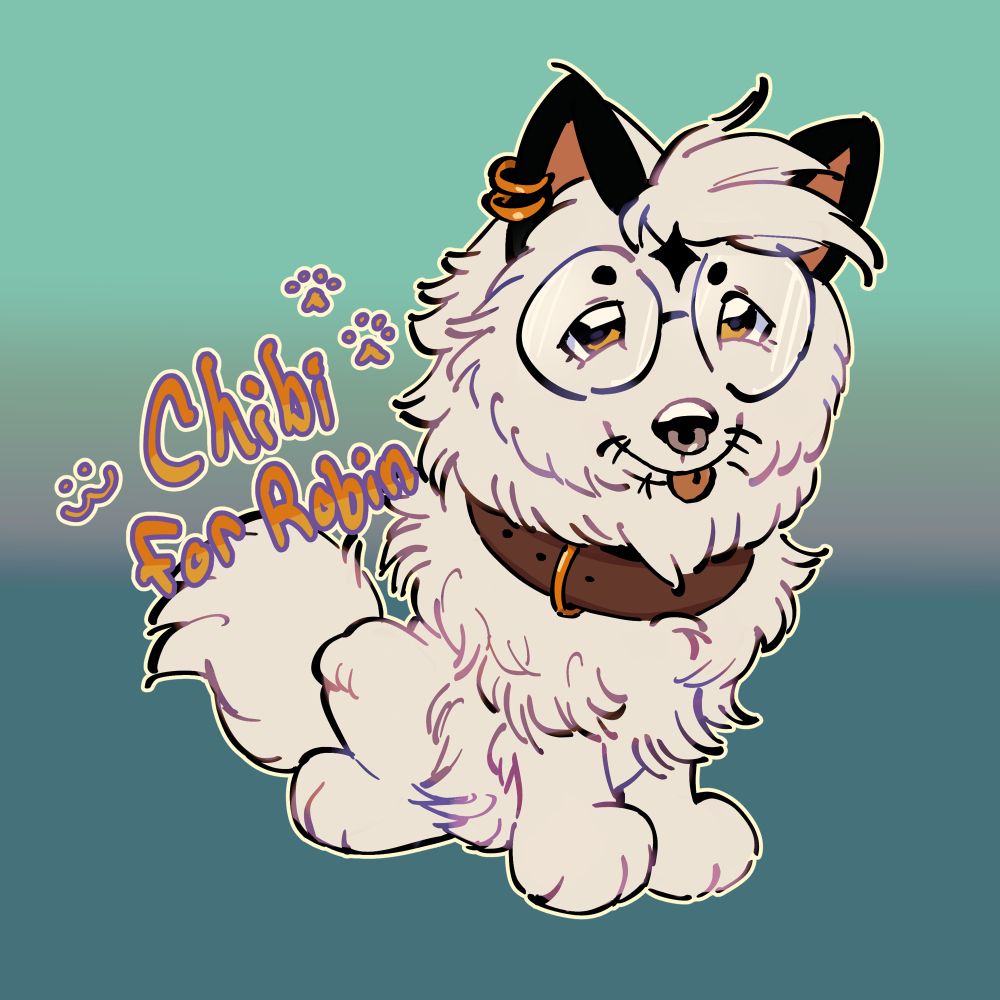 A white wolf wearing round glasses looks up cutely with its tongue poking out. He is wearing a leather collar with a gold ring, and has two gold piercings in his right ear.