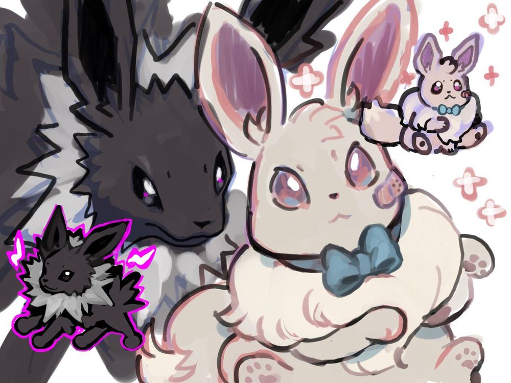 A black and white jolteon with purple electricity and an off-white eevee with a bandaid on his cheek and a blue bowtie.