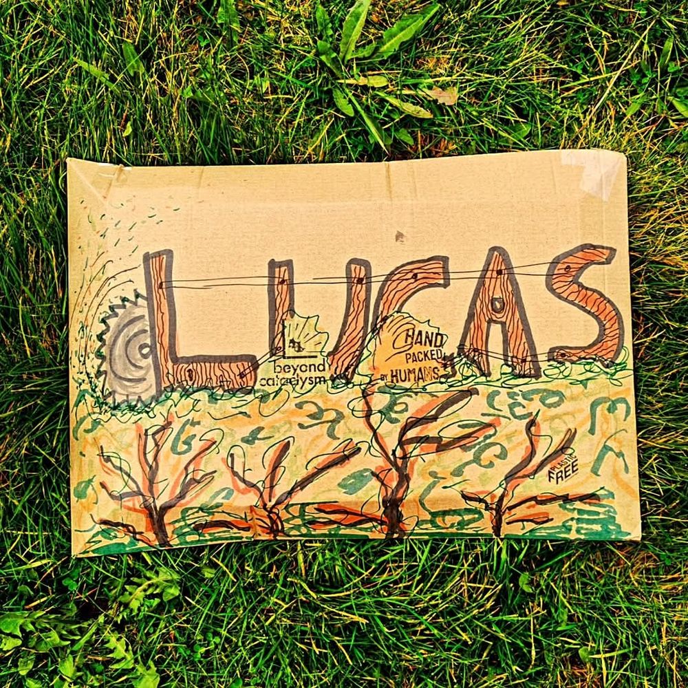 Parcel decorated with trees chainsaws and a name