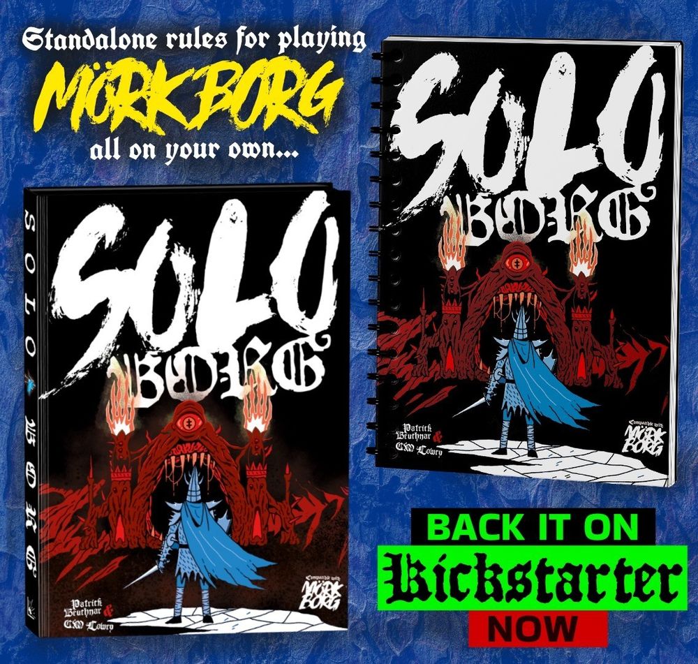 Solo rules for playing MORK BORG. Both cover types that are available.
