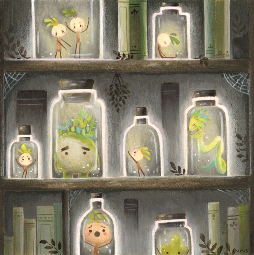Pencil and ink illustration depicting bottles on shelves, in which several imaginary creatures are held captive. The shelves are dark and there are cobwebs. Books are arranged in the background. The bottles, on the other hand, are bright. Some of the little prisoners seem sad or desperate.