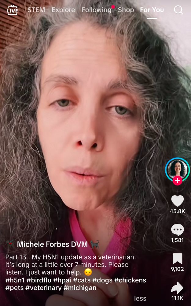 Still shot of Dr Michele Forbes DVM speaking to camera in a TikTok video
🆘 DOG & CATS H5N1 🆘 As a pet parent, these are the precautions you need to start taking right now to avoid this highly contagious zoonotic virus from spreading. Please pay attention. (Backyard chicken care screen shot in comments) Video link https://www.tiktok.com/t/ZT2kWuRW6/ 〰️AdminJenn 🐕‍🦺🐈🐔