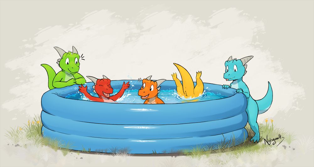 5 little kobolds are having fun in an inflatable swimming pool.
