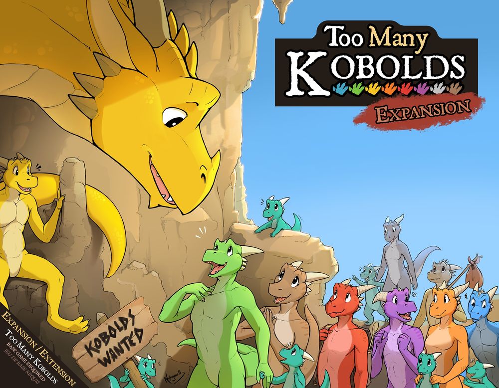 Cover art for the expansion of the card game 'Too Many Kobolds'. A bunch of kobolds came to the Dragon's cave to get adopted.
