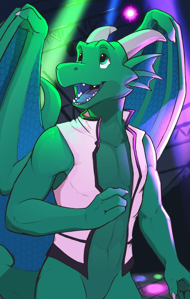 A green dragon is having fun at a nightclub called "StageFlight". An open night club stage set atop a mountain where dragons, vyverns, bats and birds can fly around.