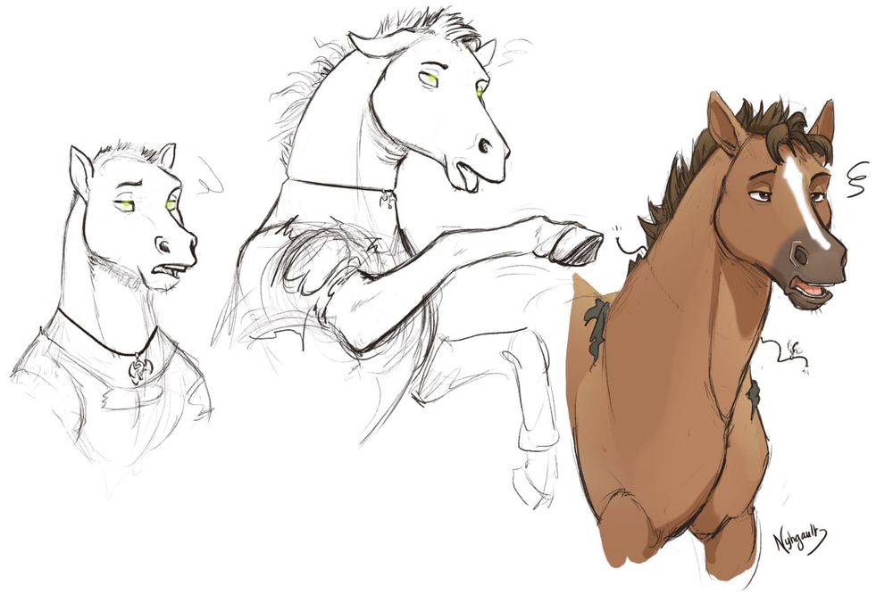 A human is transforming into a full horse and is showing visible confusion.