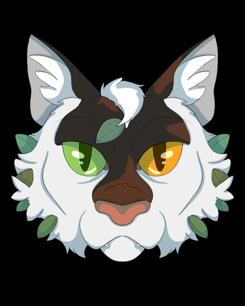 White cat with brown and light brown patches in ear and center of head with one green and one orange with leaves in his fur 