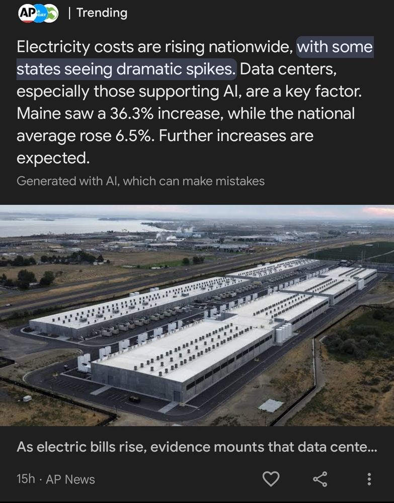 ai generated summary of news articles claiming increases in energy costs are in part caused by ai. Disclaimer at the end says, 
