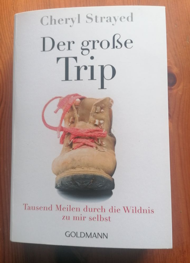 Buchtitel Der große Trip von Cheryl Strayed. Tausend Meilen durch die Wildnis zu mir selbst. Abgebildet ist ein abgewetzter Wanderstiefel mit goldenen Schnallen und rotem Schnürband. 